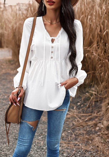 Double Tie Neck Button Blouse