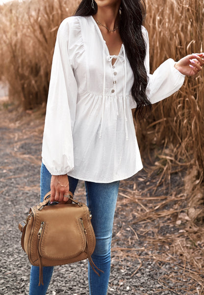Double Tie Neck Button Blouse