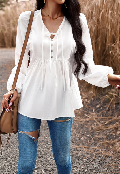 Double Tie Neck Button Blouse