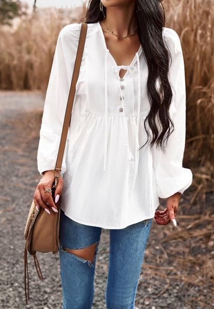 Double Tie Neck Button Blouse