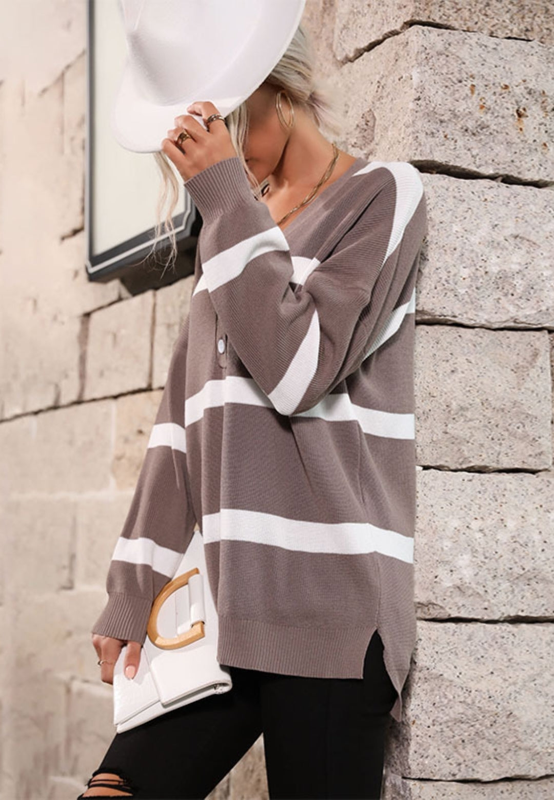 Striped Pattern Button Detail Sweater