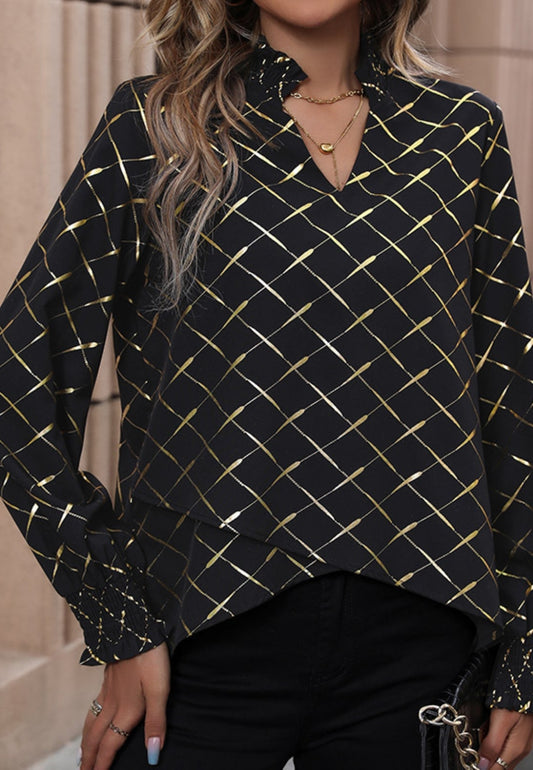 Grid Print Ruffle Neck Blouse