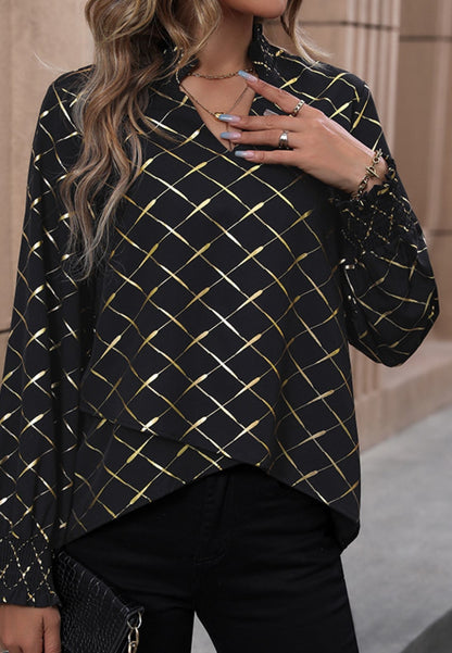 Grid Print Ruffle Neck Blouse