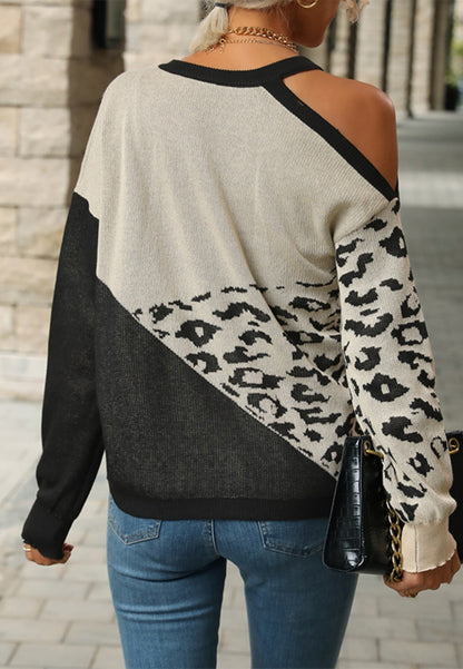 Asymmetric Cold Shoulder Leopard Sweater