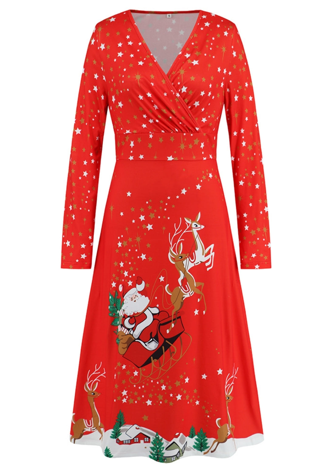 Vestido con cuello cruzado y estampado navideño