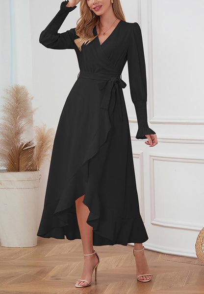 Vestido midi cruzado con dobladillo con volantes