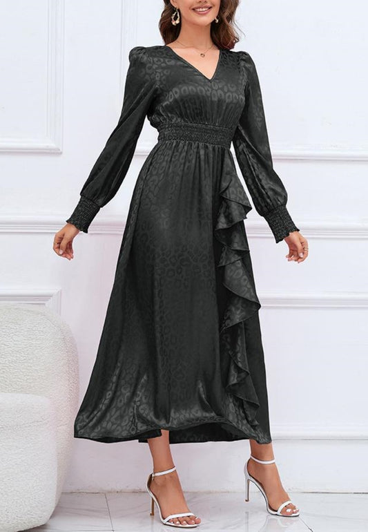 Leopard Print Ruffle Detail Satin Dress