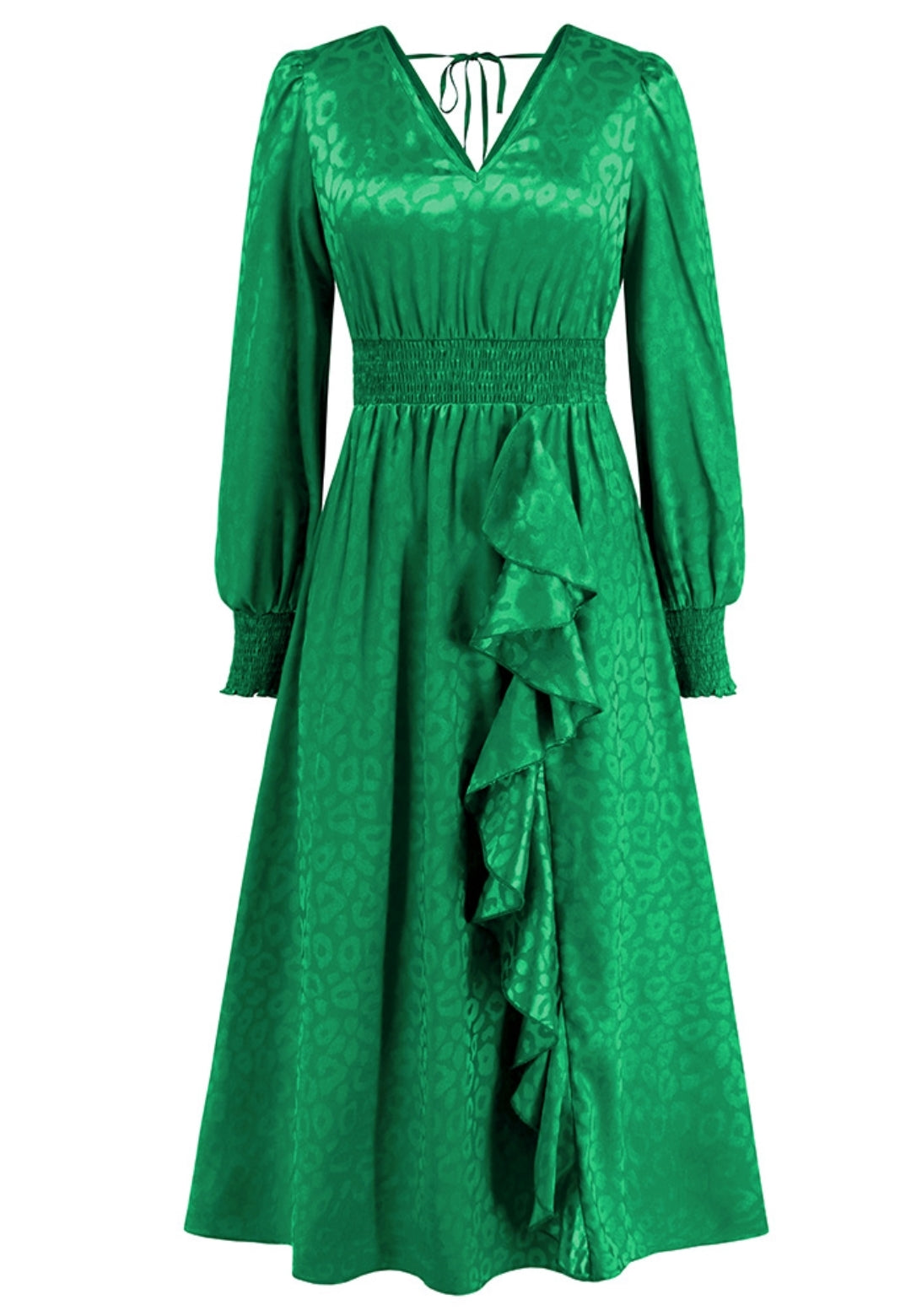 Vestido de satén con detalle de volante y estampado de leopardo