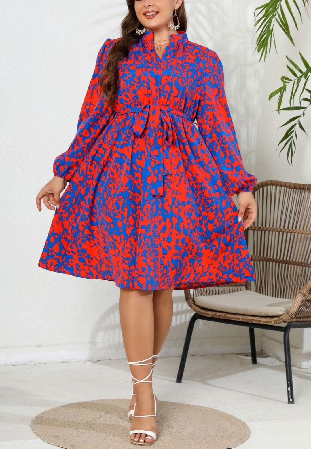Plus Abstract Print Collared Dress