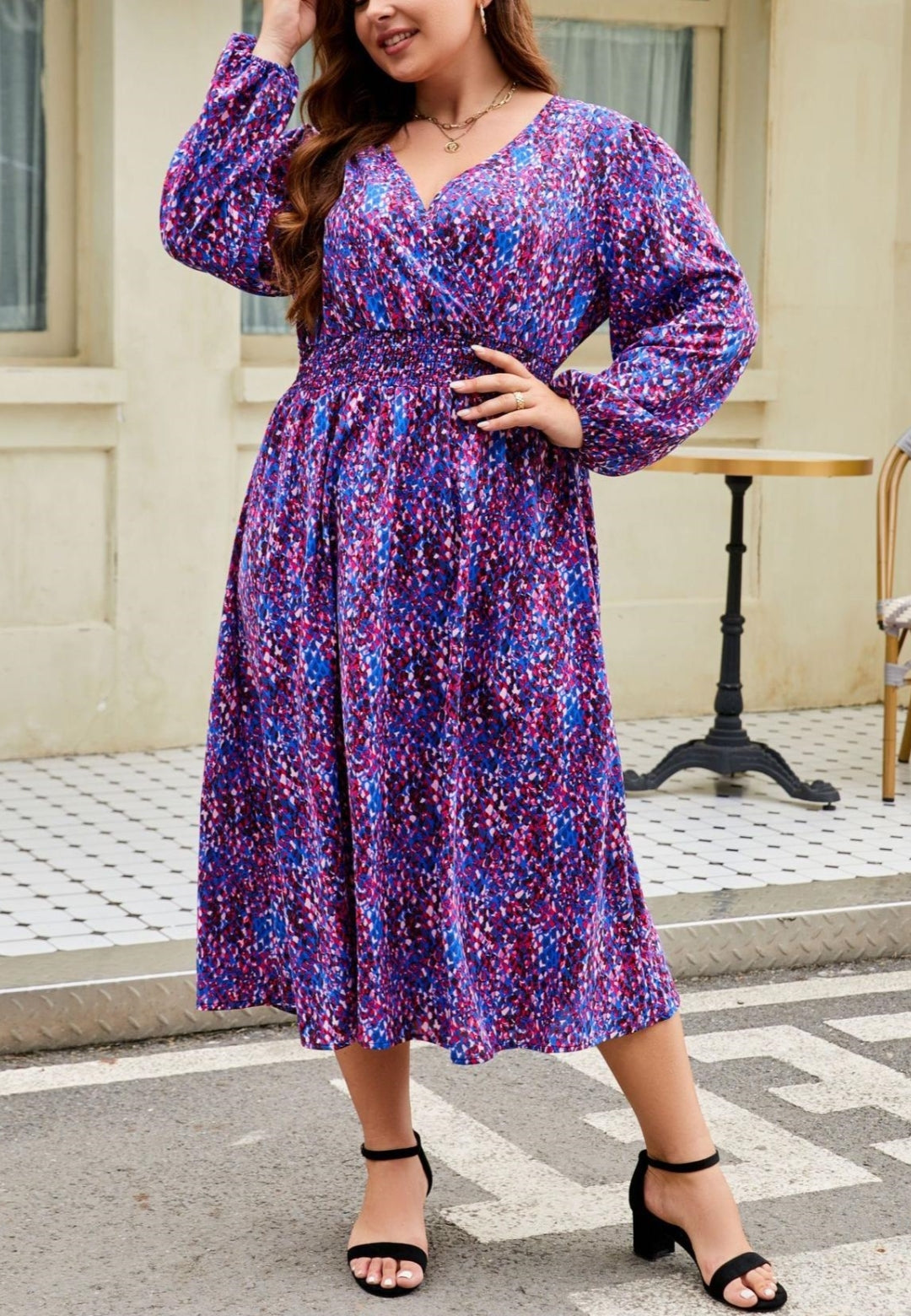 Plus Abstract Print Shirred Waist Dress