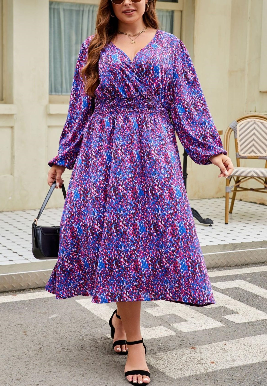 Plus Abstract Print Shirred Waist Dress