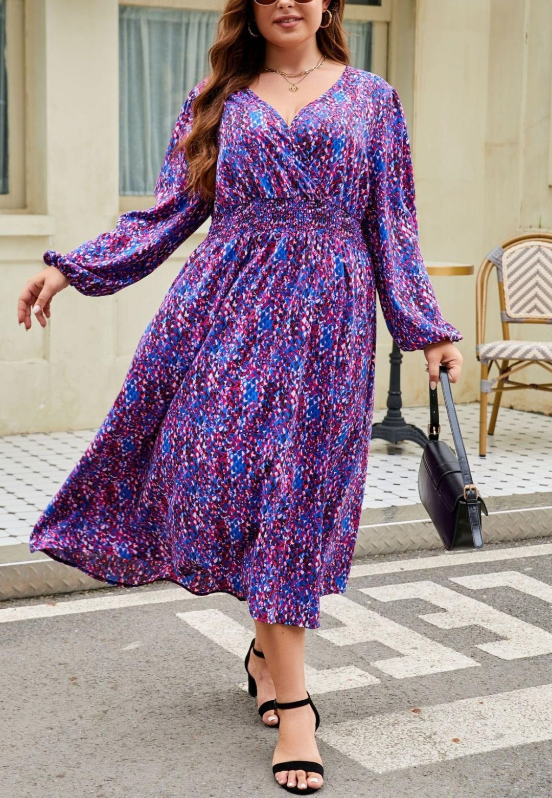 Plus Abstract Print Shirred Waist Dress
