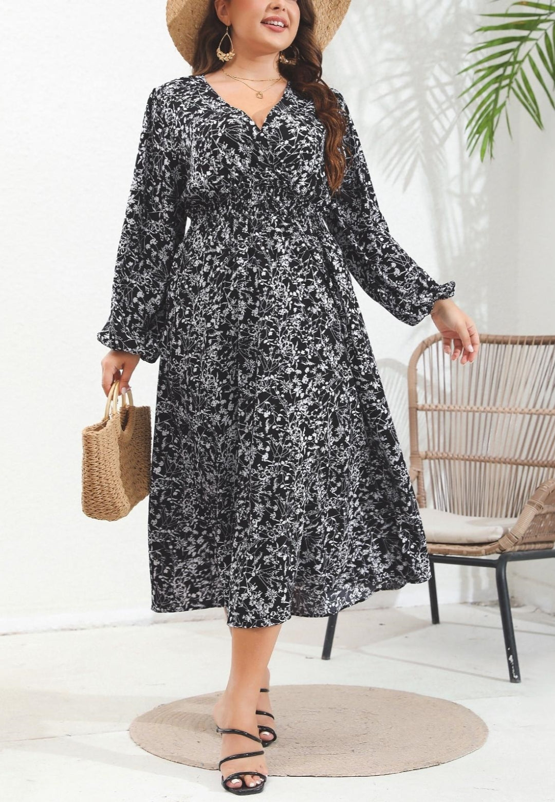 Plus Leaf Print Midi Dress