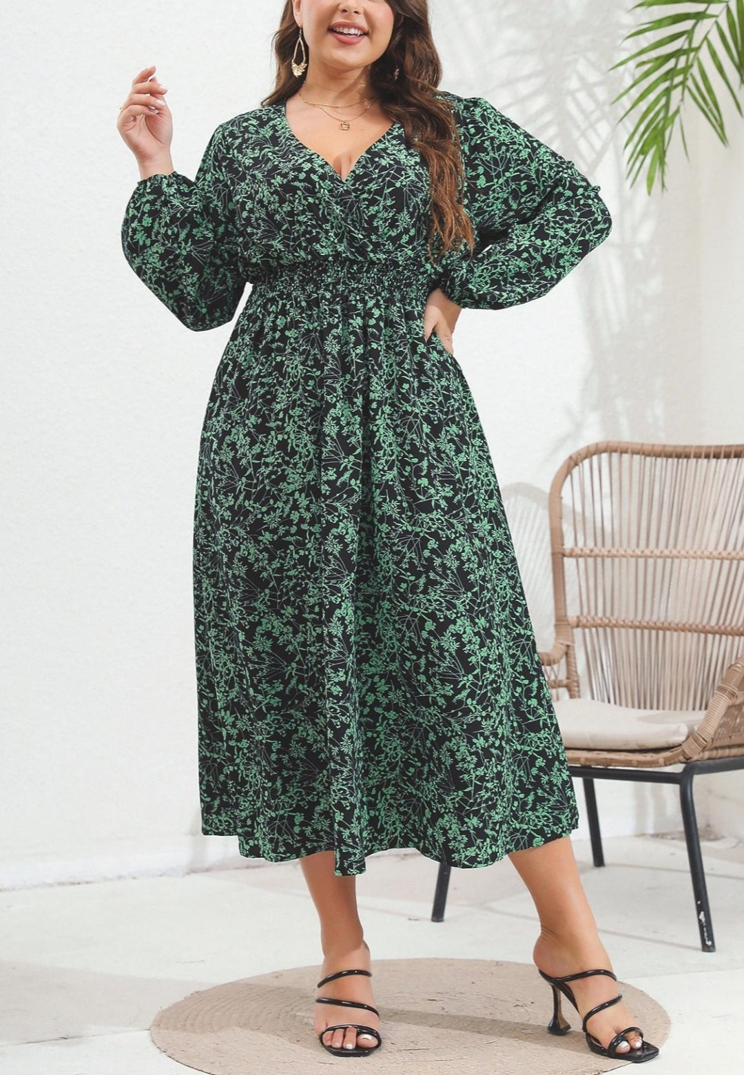 Plus Leaf Print Midi Dress
