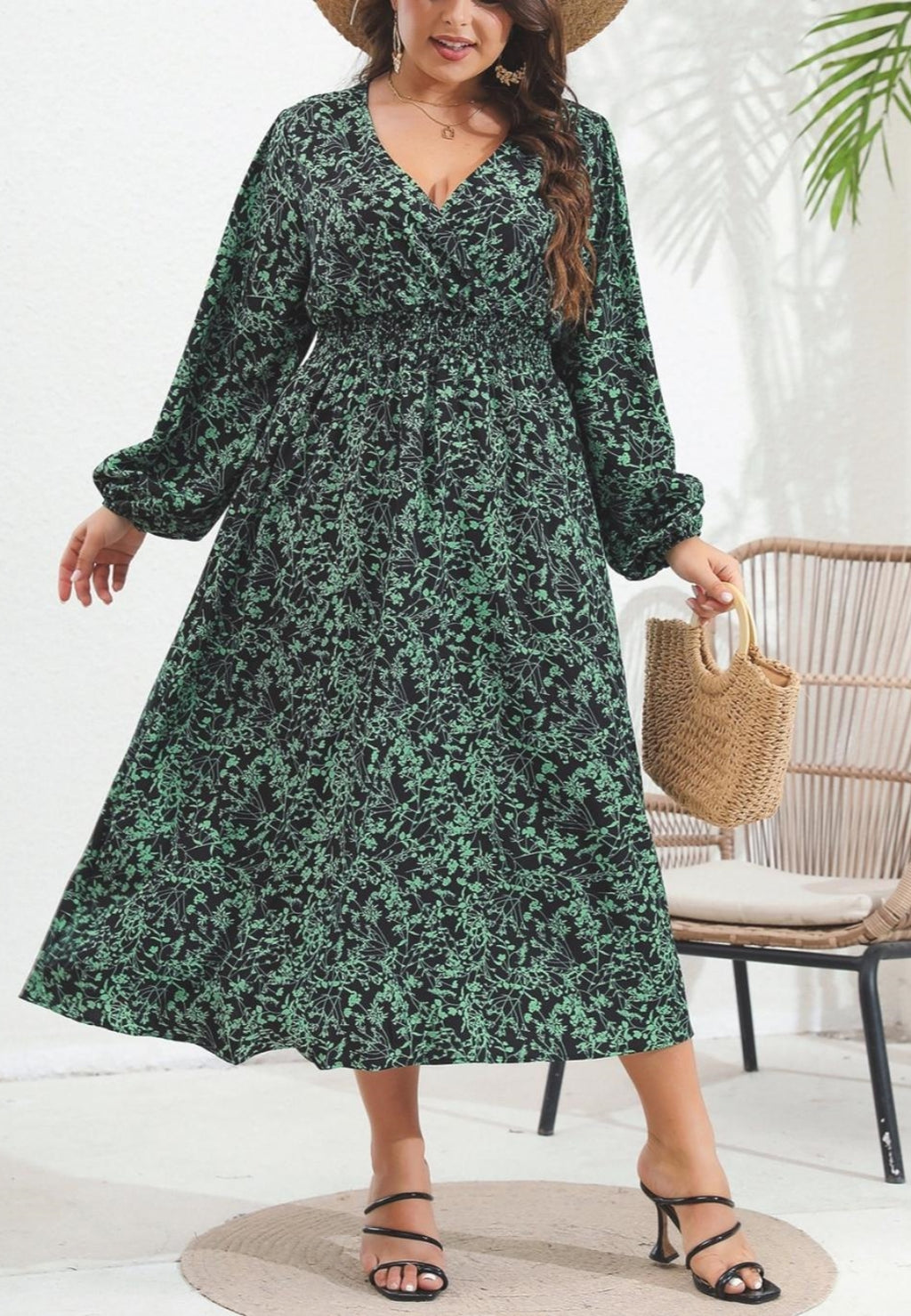 Vestido midi con estampado de hojas