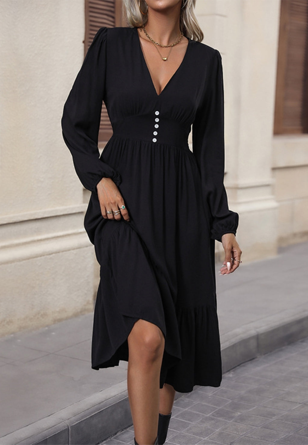 Plunge Neck Button Detail Classic Midi Dress Mid-Calf Length – Anna-Kaci