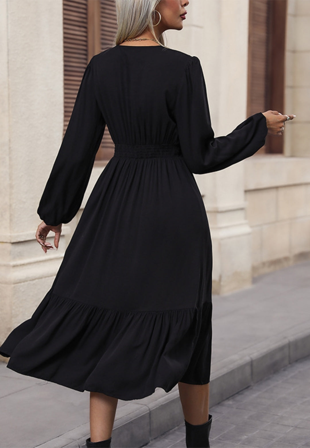 Plunge Neck Button Detail Classic Midi Dress Mid-Calf Length Plunge Neck Button Detail Classic Midi Dress Mid-Calf Length