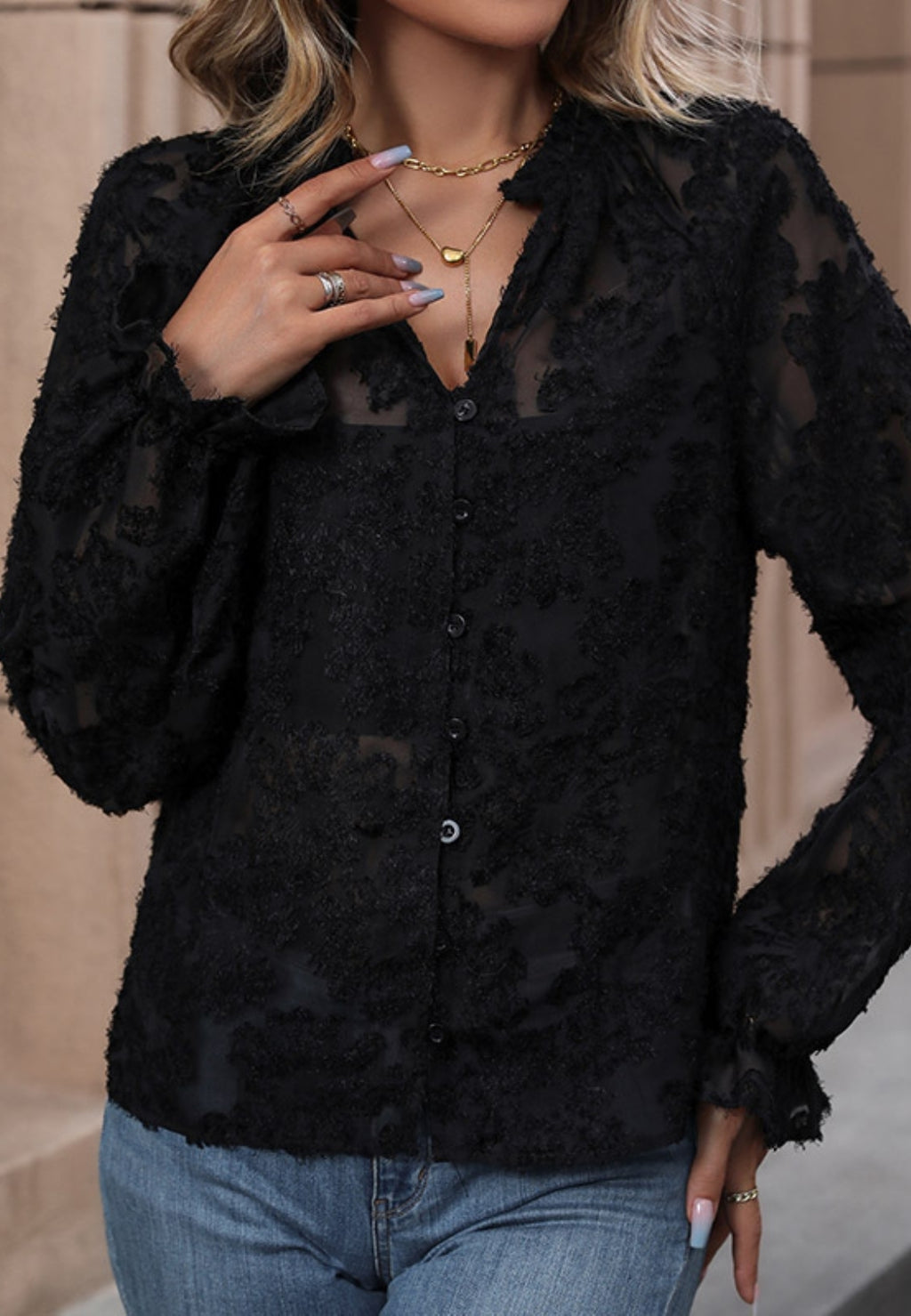 Camisa de encaje transparente con botones