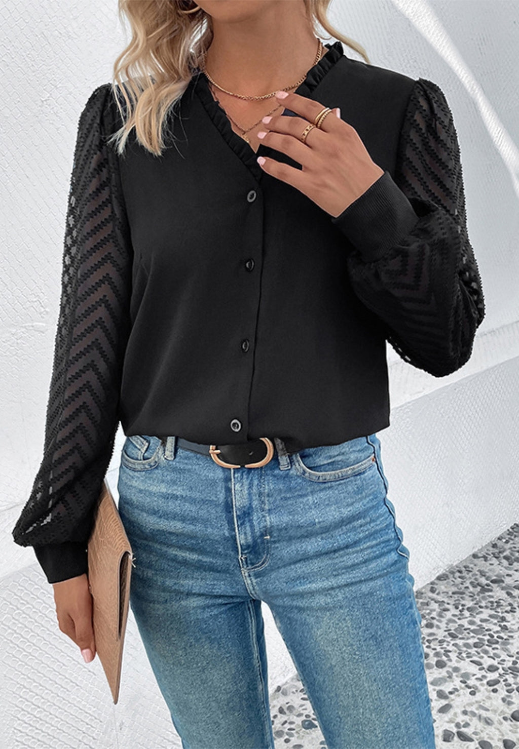 Blusa de manga larga transparente con estampado de chevrones