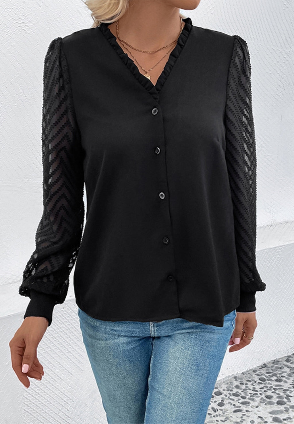 Blusa de manga larga transparente con estampado de chevrones