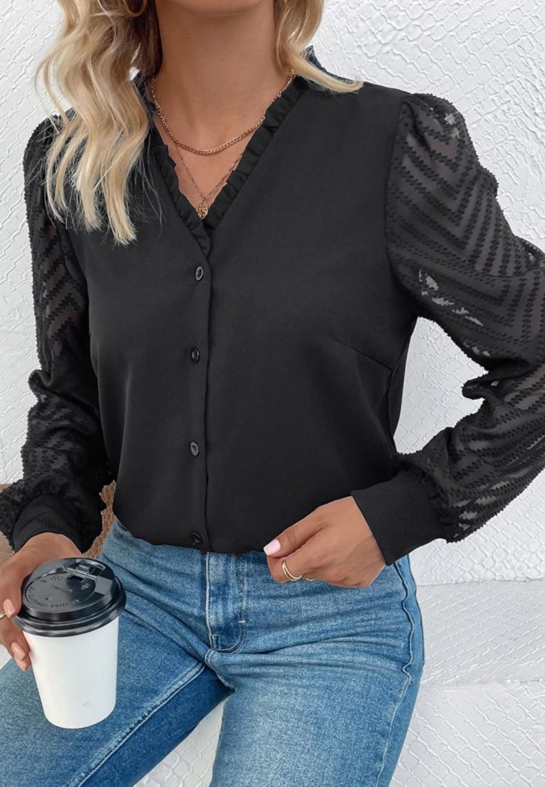 Blusa de manga larga transparente con estampado de chevrones