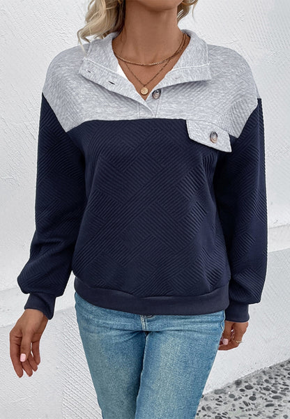 Two Tone Button Detail Textured Sweater