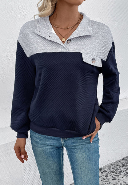 Two Tone Button Detail Textured Sweater