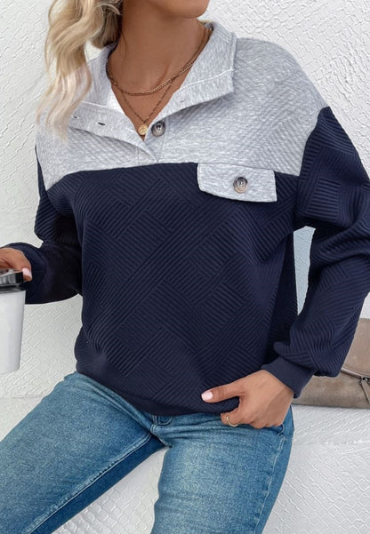 Two Tone Button Detail Textured Sweater