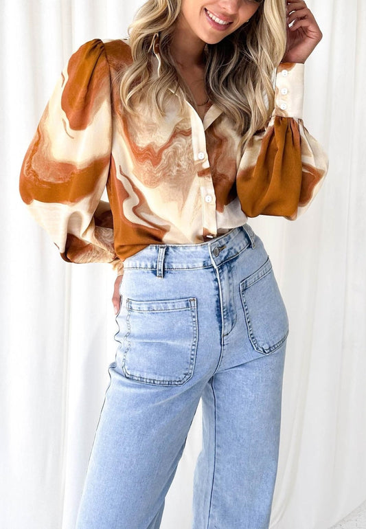 Multicolor Abstract Bishop Sleeve Blouse