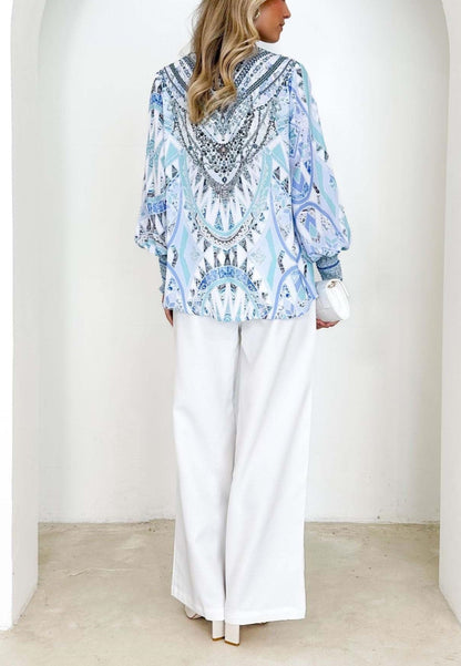 V Neck Geometric Scarf Print Blouse