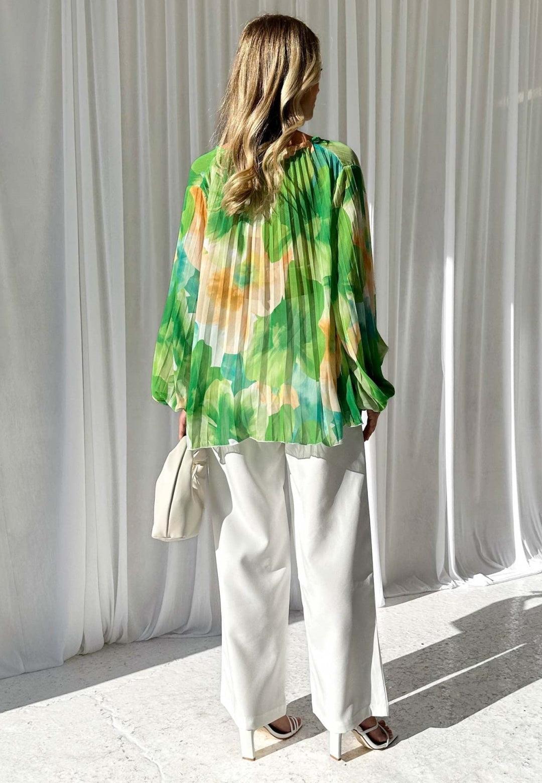 Abstract Floral Print Pleated Blouse