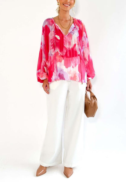 Abstract Floral Print Pleated Blouse