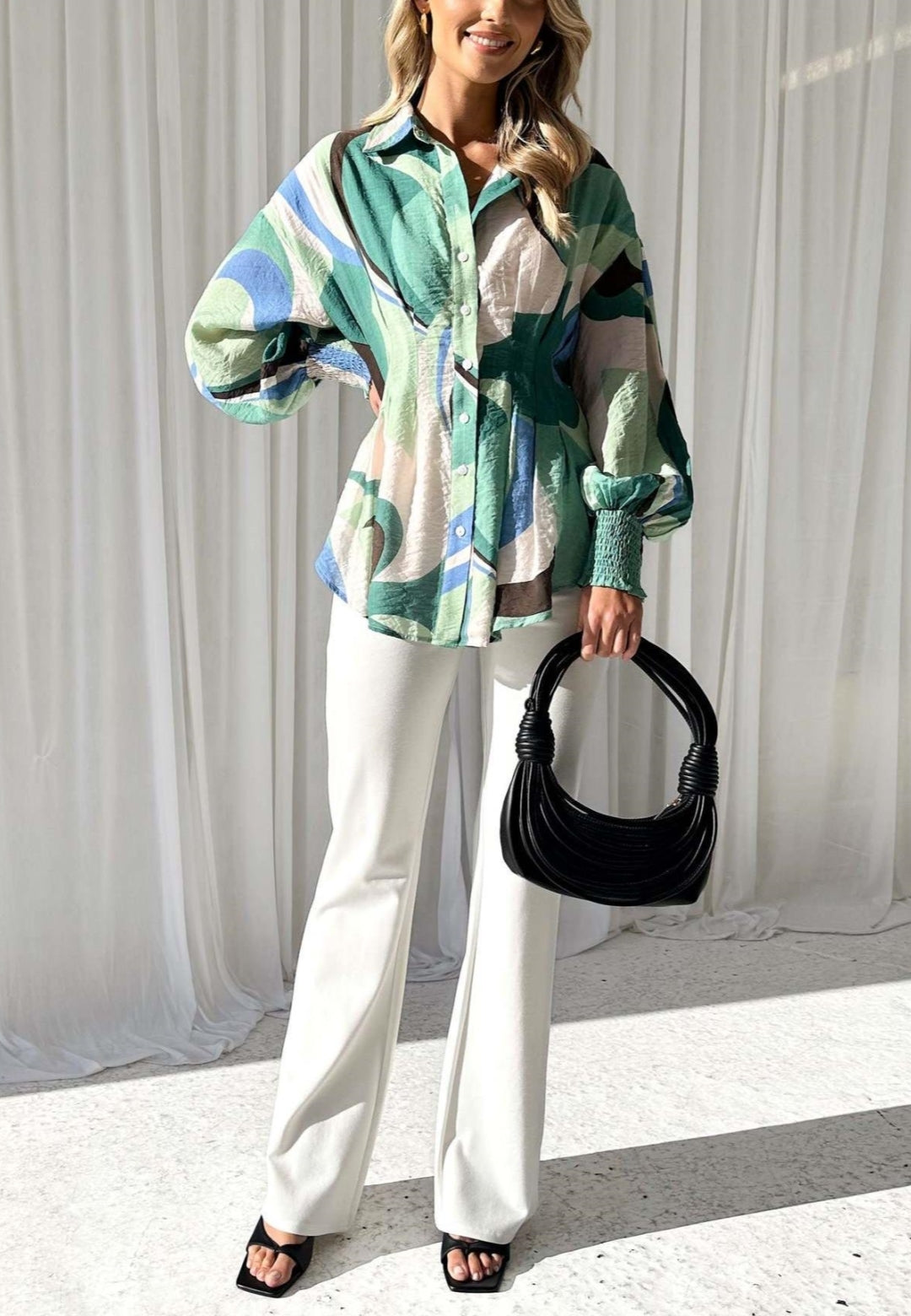 Abstract Print Pleated Waist Shirt