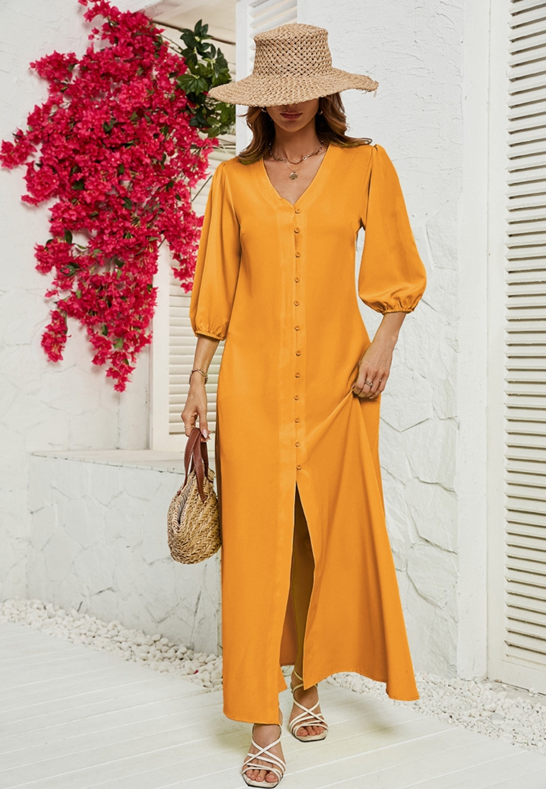 Solid Button Front Slit Dress