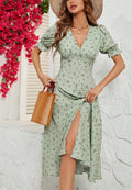 V Neck Puff Sleeve Floral Dress