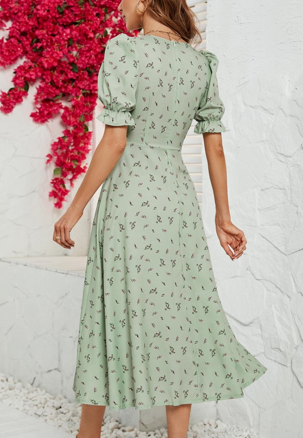 V Neck Puff Sleeve Floral Dress