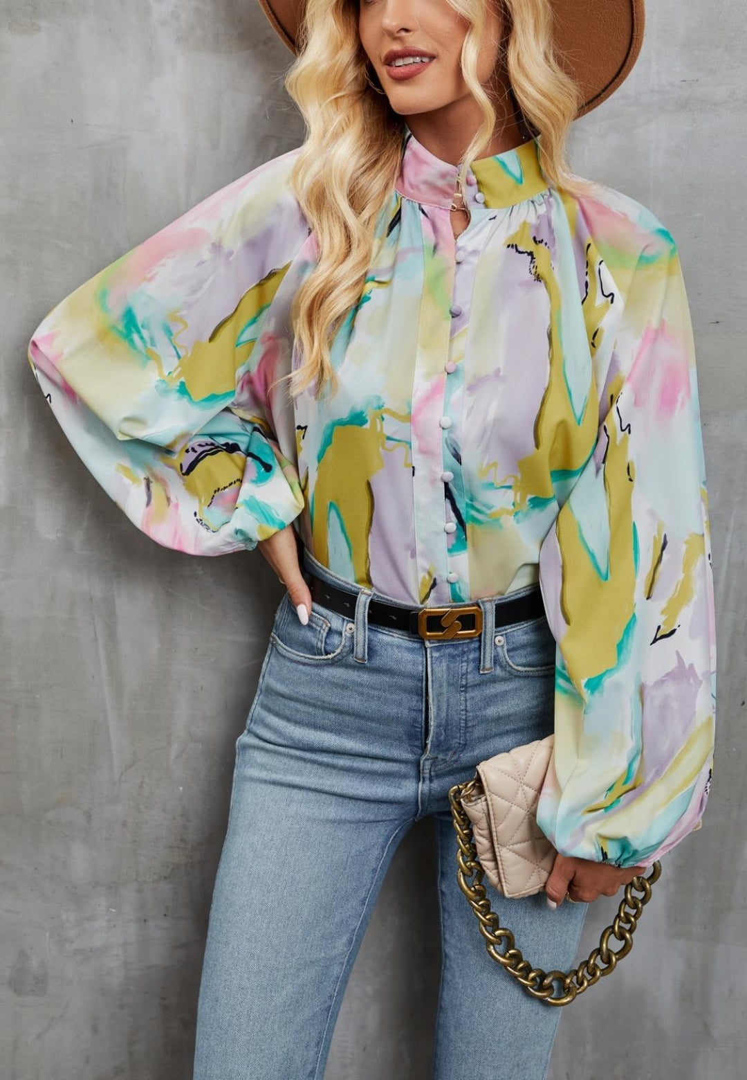 Abstract Print High Neck Shirt