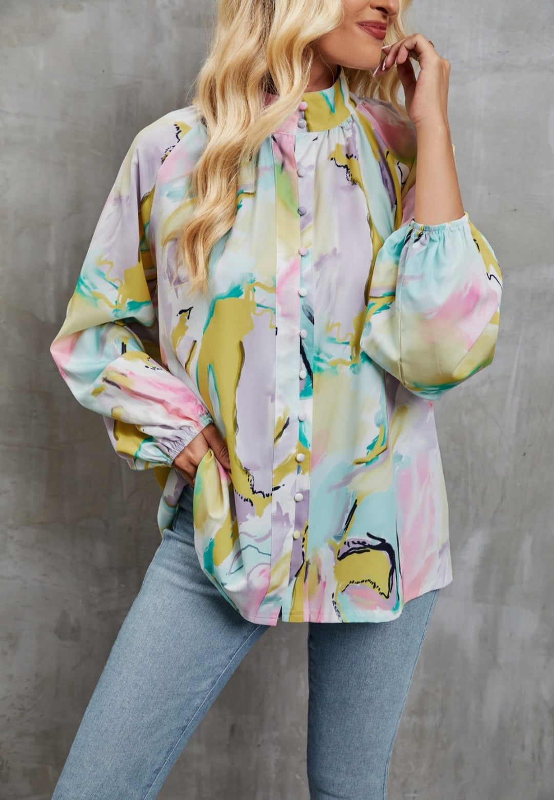 Abstract Print High Neck Shirt
