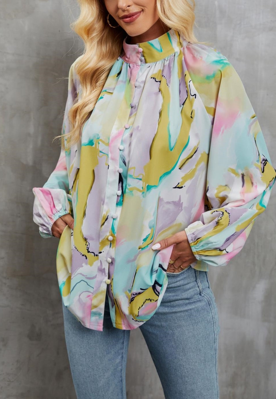 Abstract Print High Neck Shirt
