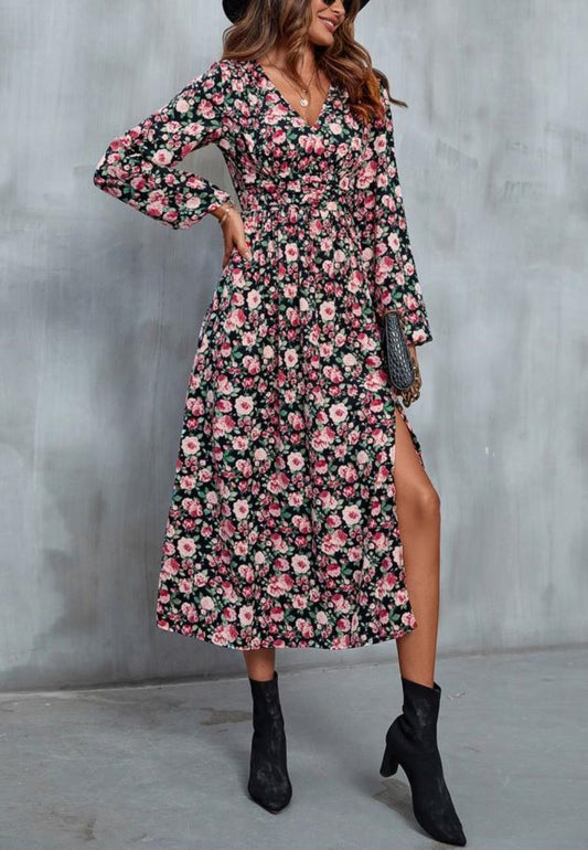 V Neck Floral Side Slit Dress