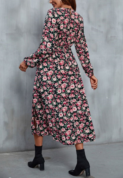 V Neck Floral Side Slit Dress