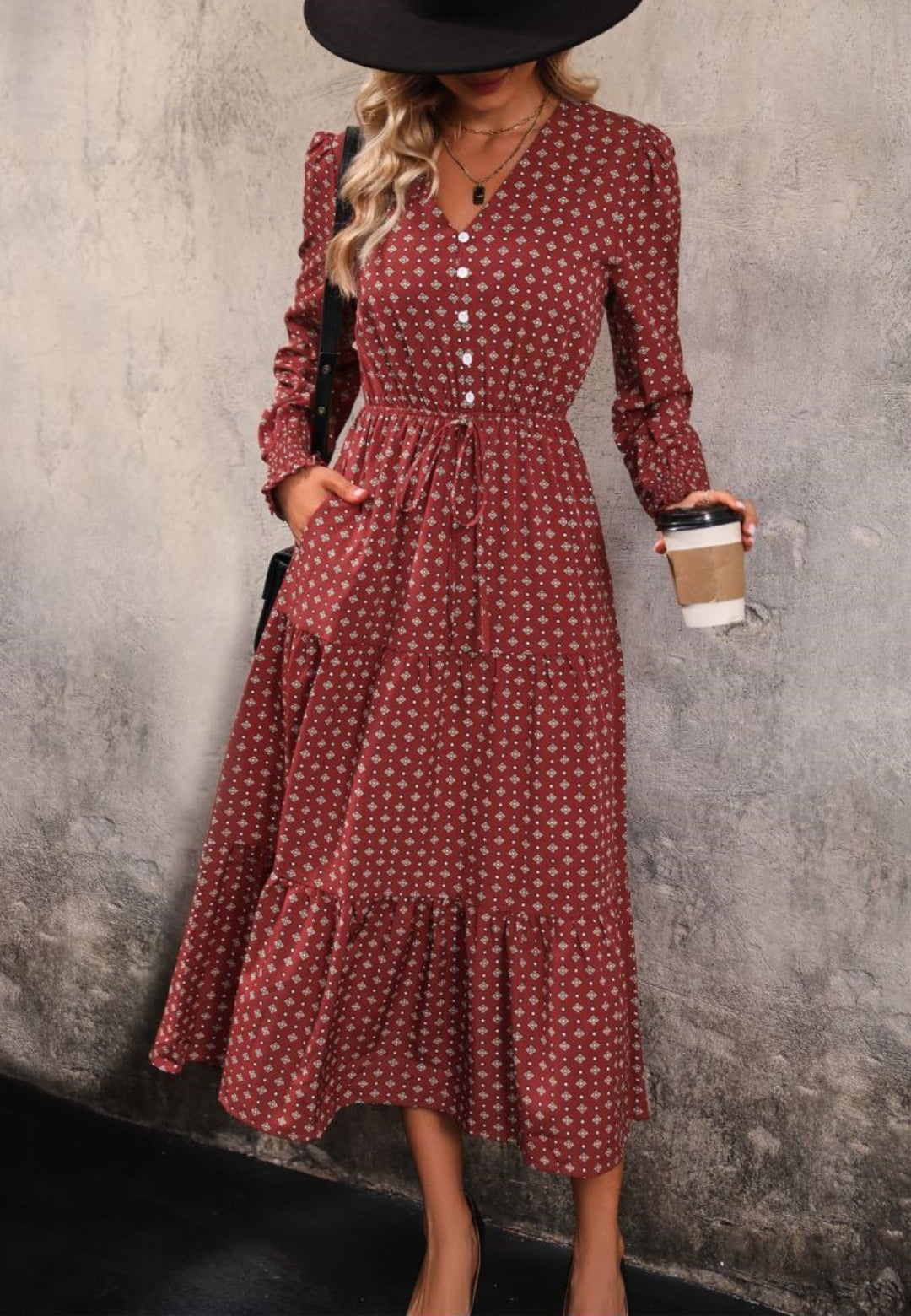 Geometric Print Button Front Tiered Dress