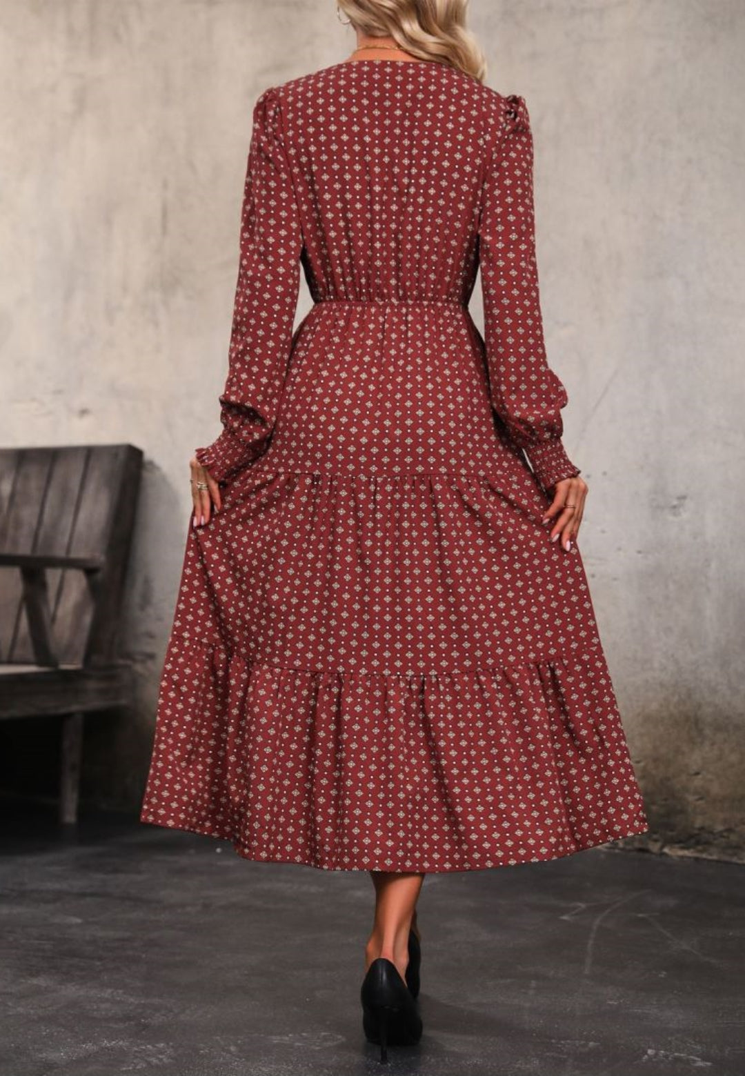 Geometric Print Button Front Tiered Dress