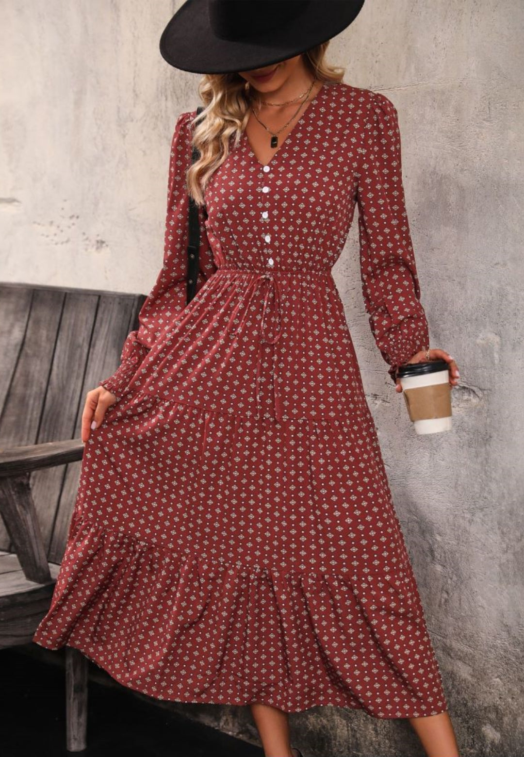 Geometric Print Button Front Tiered Dress