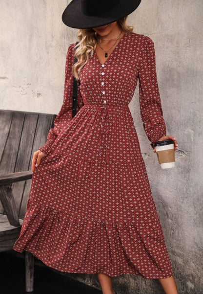 Geometric Print Button Front Tiered Dress