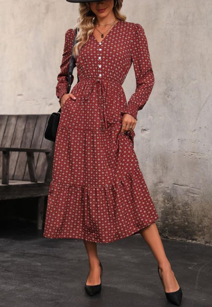 Geometric Print Button Front Tiered Dress