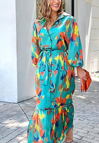 Multicolor Abstract Ruffle Hem Dress