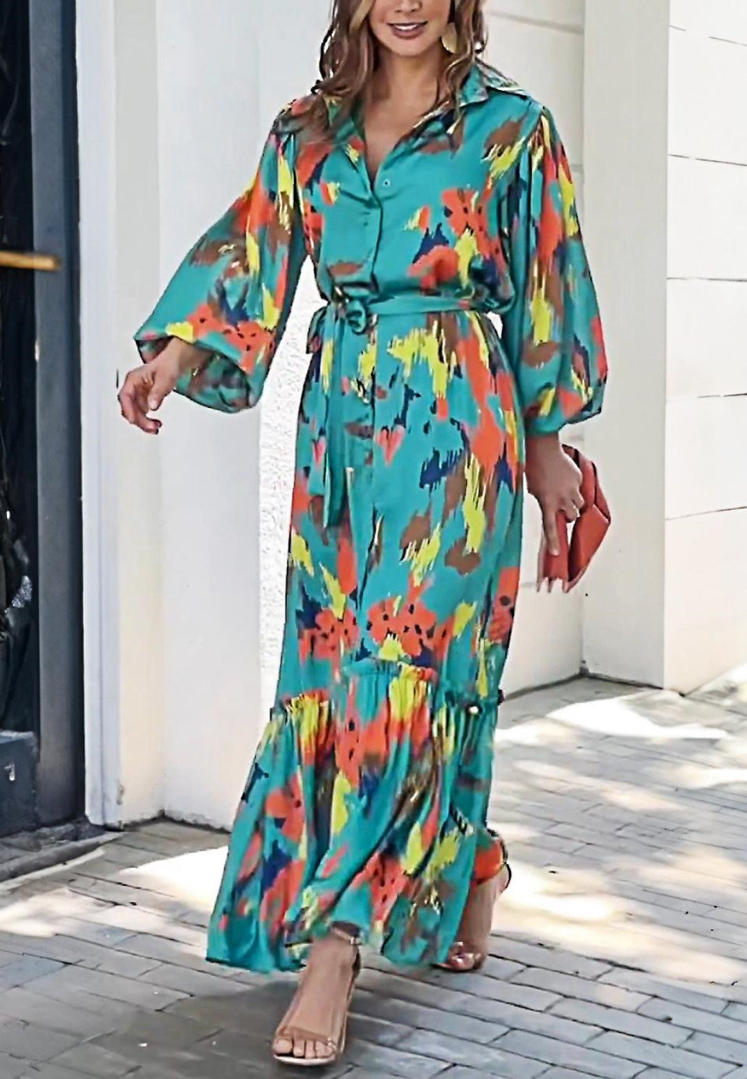 Multicolor Abstract Ruffle Hem Dress