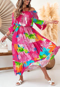 Vestido largo con hombros descubiertos y estampado floral multicolor