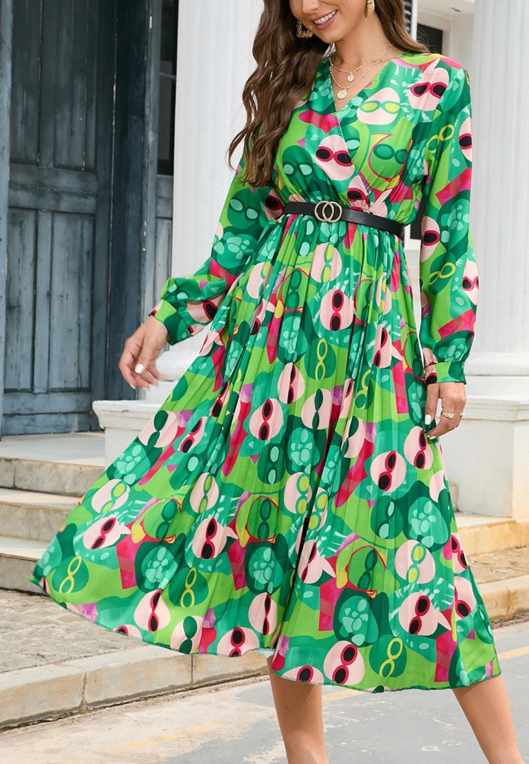 Multicolor Abstract Print Pleated Dress